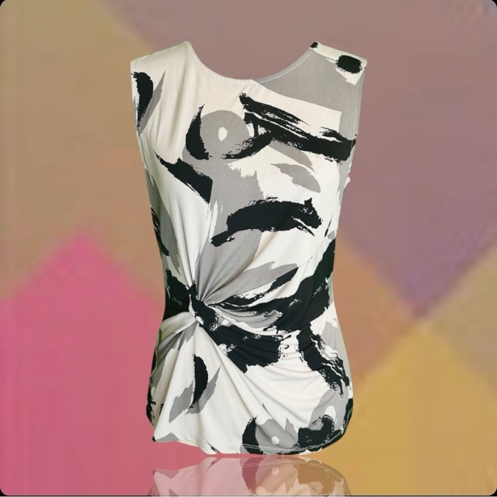 DKNY Side-Knot Shell Sleeveless Top in “Brushstroke Grey” Size Small